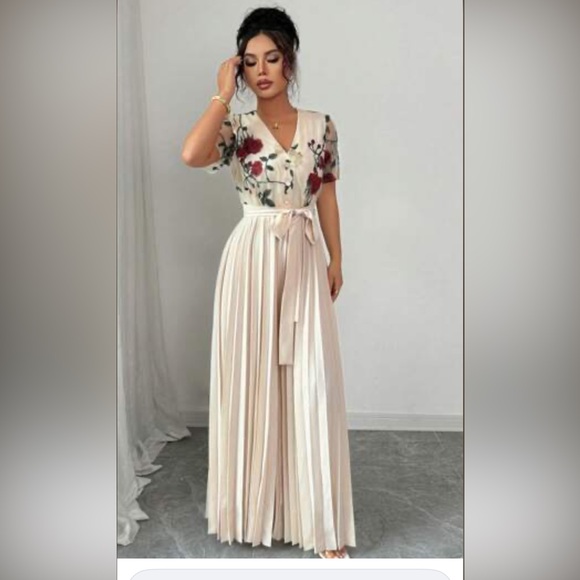 SHEIN Pants - Elegant Boho Champagne Tone Floral Embroidered Patchwork Pleated Jumpsuit